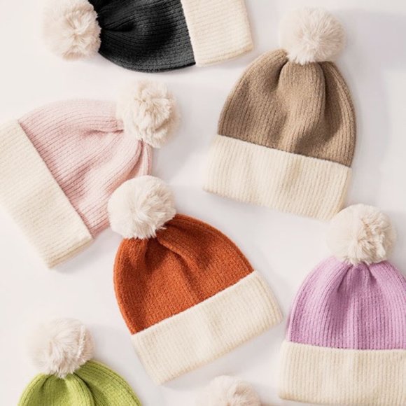 Fadivo New York Accessories - NEW Super Soft Cozy Faux Fur Pom Pom Color Block Rib Knit Beanie Hats Taupe Rust
